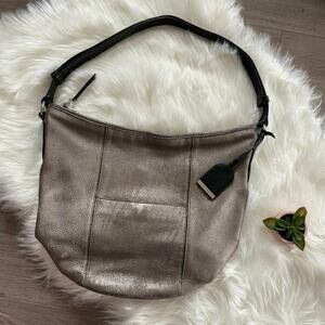 Cole Haan Brushed Silver Leather Distressed Crossbody Hobo Purse